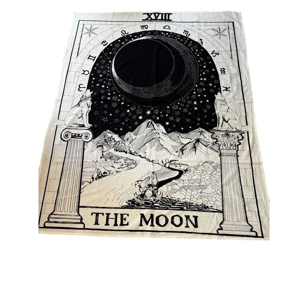 The Moon Tarot Card Tapestry Black White XVIII Wolf Zodiac Wall Hanging 74x57